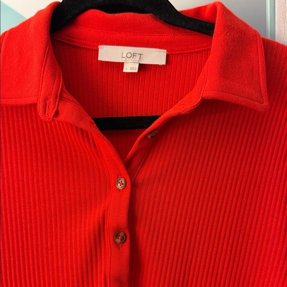 LOFT Bright Orange/Red Ribbed Polo Button-Front Tee - Picture 2 of 3